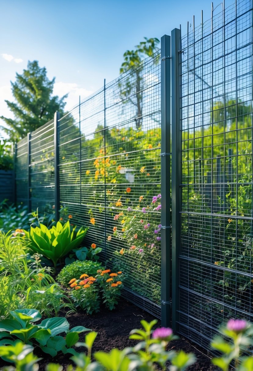 A garden enclosed by double-layered wire mesh fences protecting plants from animals.