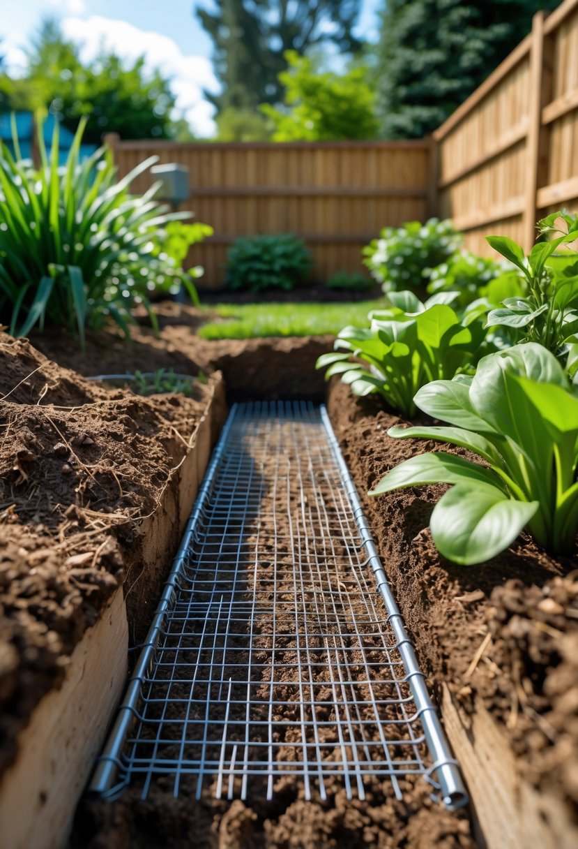 Close-up view of a garden fence with buried wire mesh installed underground to prevent squirrels from digging under, surrounded by plants and soil.