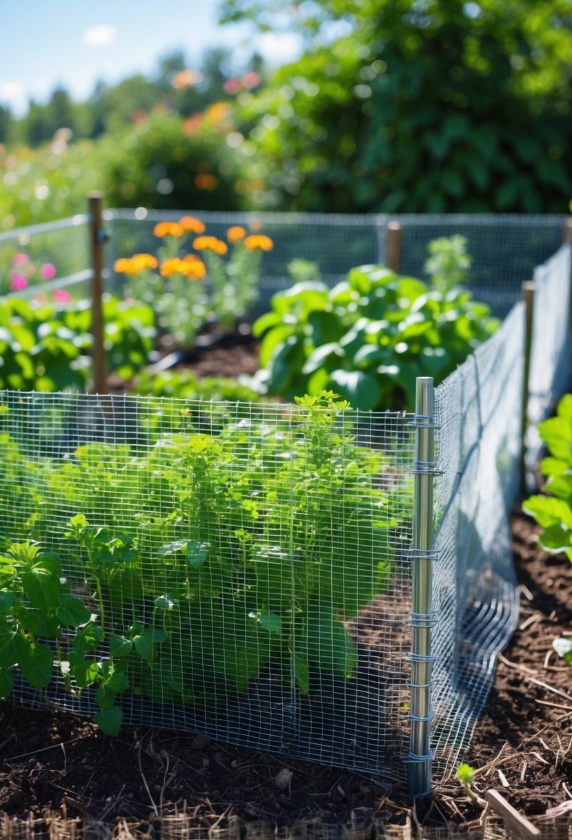 A garden surrounded by a galvanized hardware cloth fence with small gaps, protecting plants from squirrels.