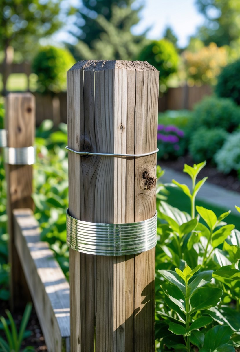 Close-up of wooden garden fence posts with metal flashing strips installed around them to prevent squirrels from climbing, surrounded by green plants.