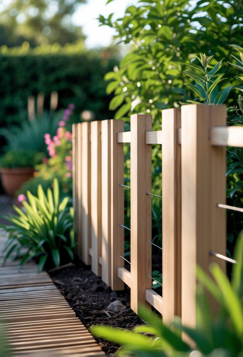 A garden fence with two wooden layers separated by a gap, set in a green garden with plants and flowers.