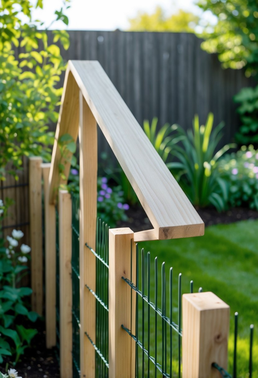 A wooden garden fence with a slanted top angled outward surrounded by green plants and flowers.
