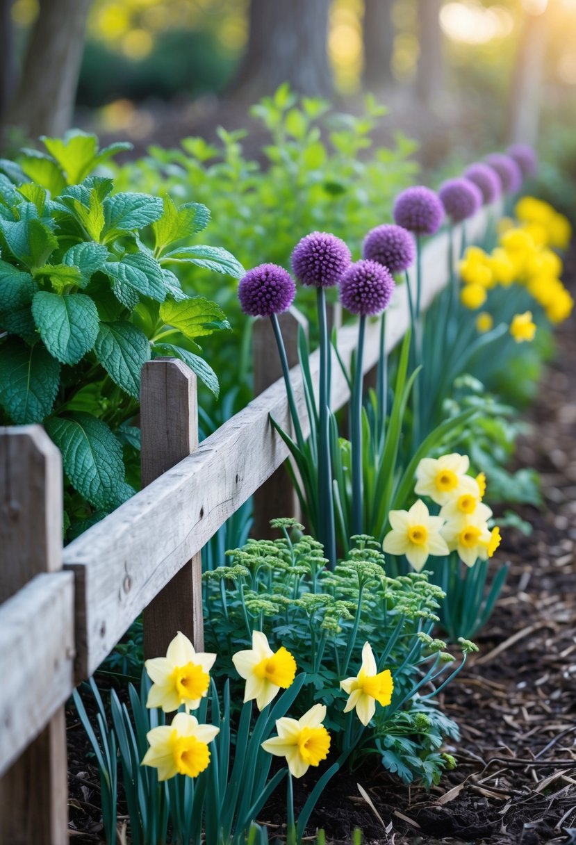A garden fence lined with mint plants, purple allium flowers, and yellow daffodils growing along the base.