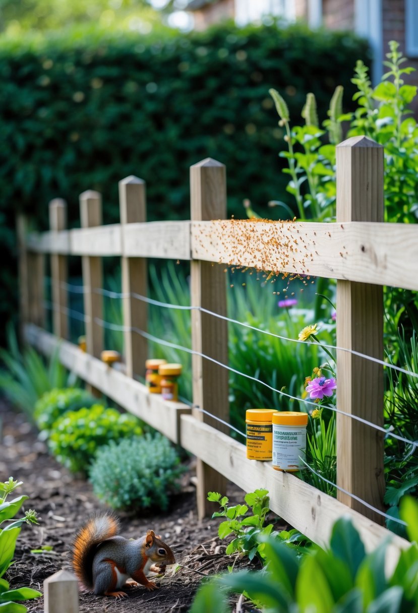 A garden fence with natural squirrel repellents like cayenne pepper and predator urine applied, surrounded by plants and squirrels kept away.
