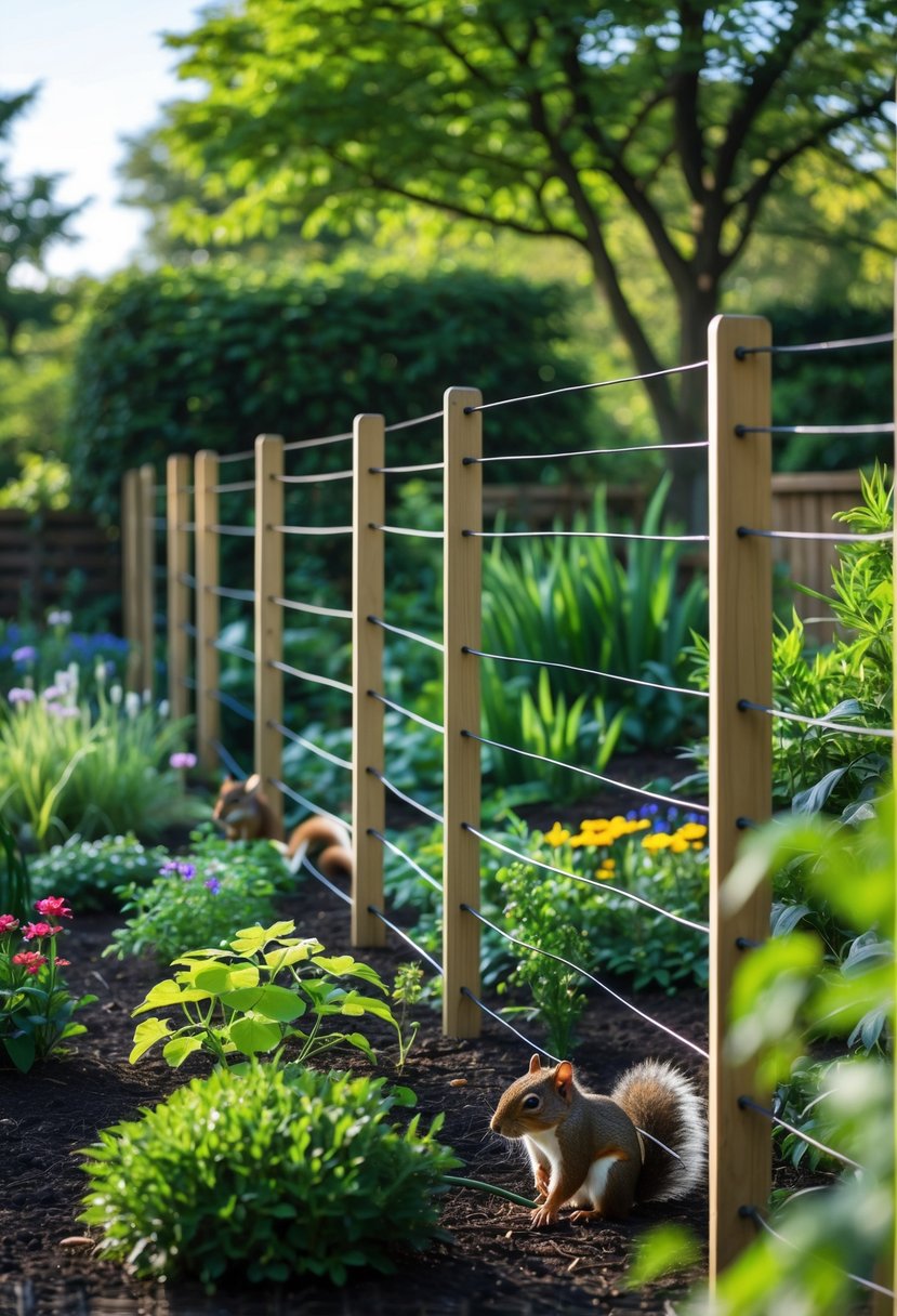 A garden surrounded by an electrified fence designed to keep squirrels out, with plants and trees inside the fenced area.