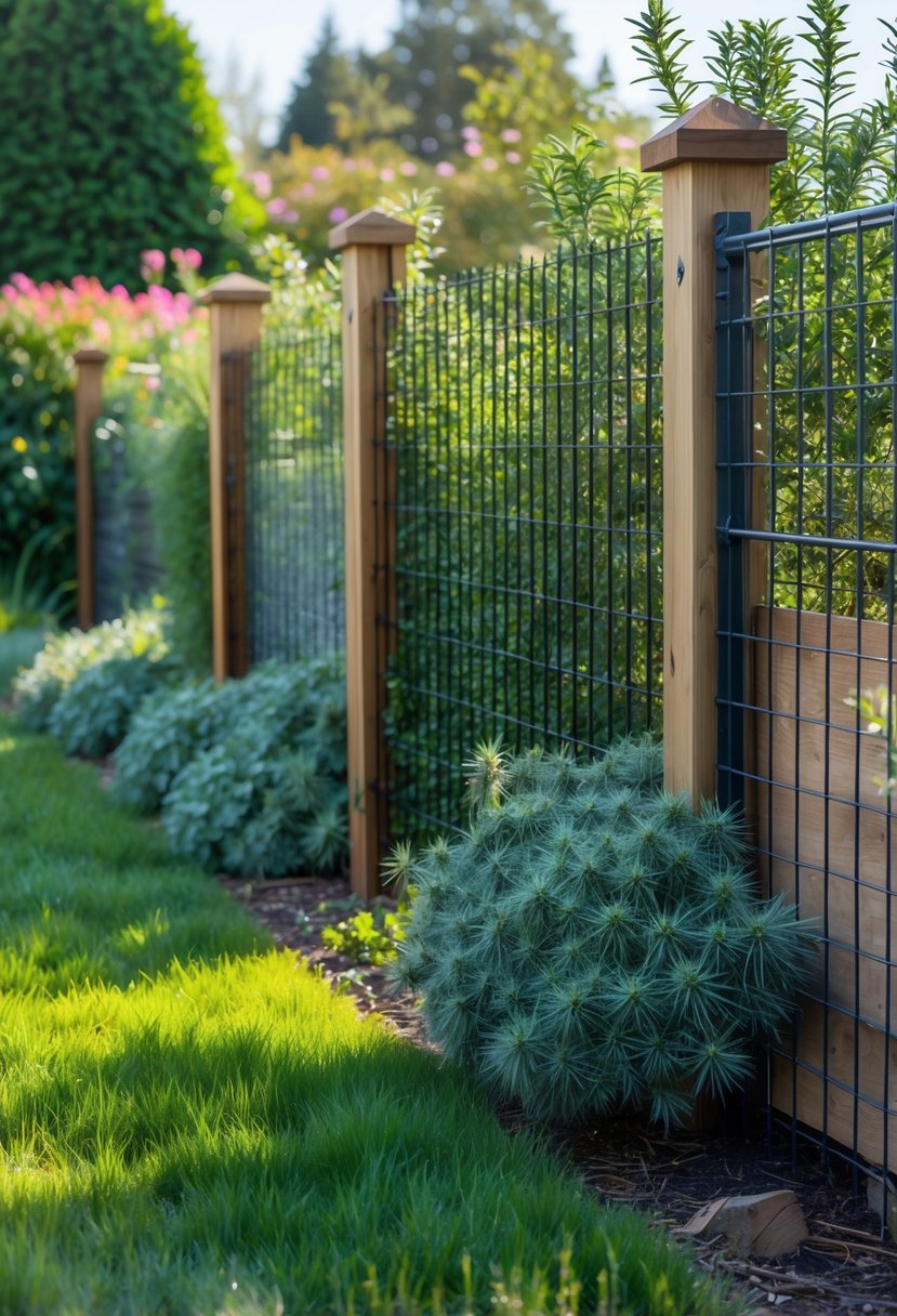 A garden showing various fences lined with dense thorny shrubs and plants forming barriers to keep squirrels out.