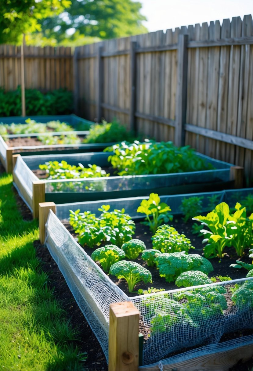 Garden beds next to wooden fences covered with wire mesh to protect plants from animals.