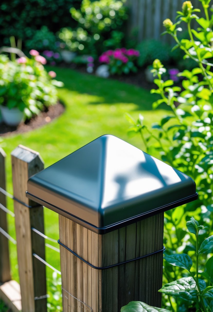 Close-up of a garden fence with a smooth metal or plastic cap on top surrounded by plants and greenery.