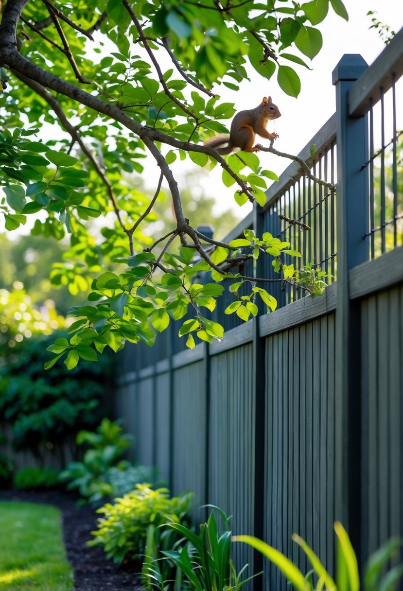 A garden fence with trimmed tree branches above it, surrounded by green plants and trees.