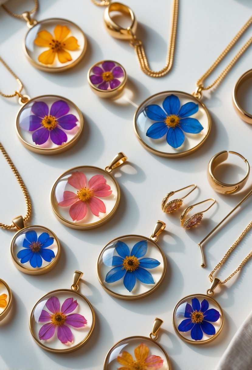 A collection of pressed flower resin jewelry including pendants, earrings, rings, and bracelets displayed on a neutral background.