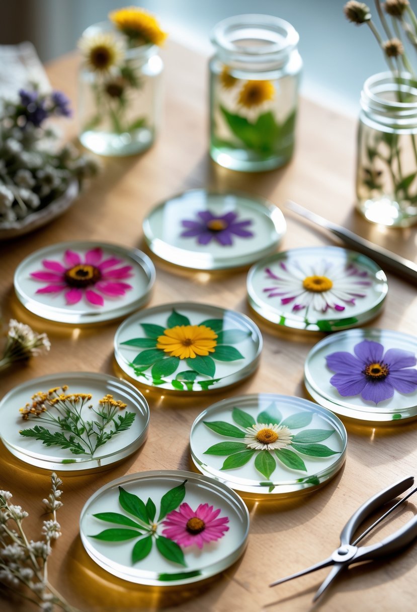 A set of botanical coasters with pressed flowers arranged on a wooden table alongside crafting tools.