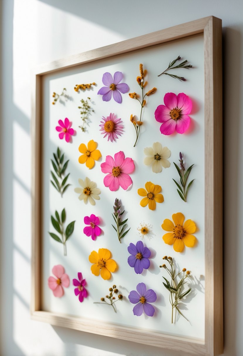 A framed piece of pressed flower wall art with colorful flowers arranged on a light background hanging on a wall.