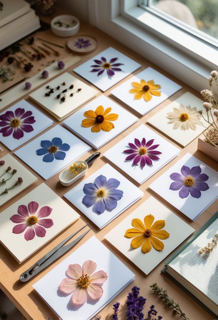 A wooden table with 15 pressed flower greeting cards and crafting supplies like dried flowers, scissors, and glue arranged on it.