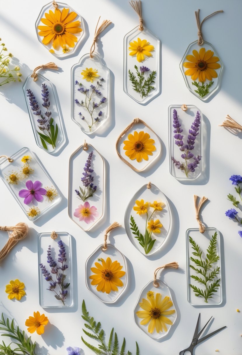 A collection of 15 decorative pressed flower bookmarks arranged on a neutral surface with some crafting tools and loose flowers nearby.