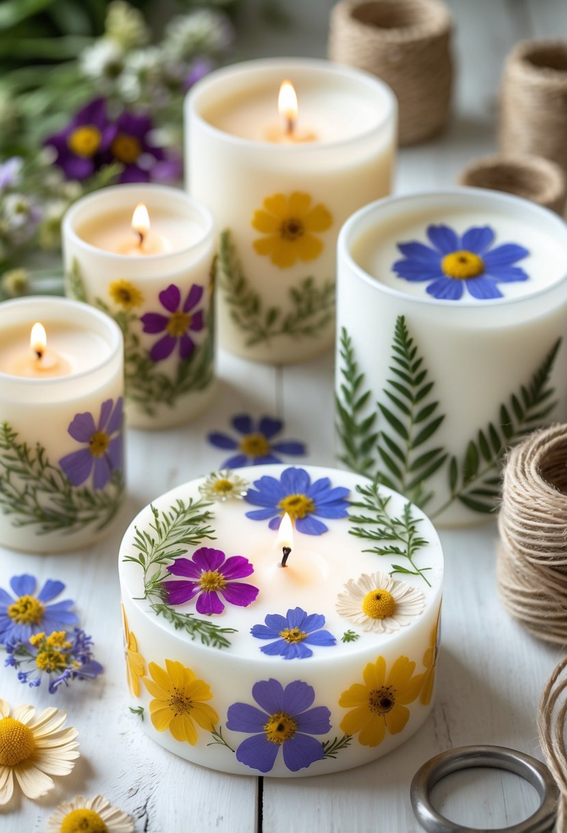 A collection of candles decorated with colorful pressed flowers arranged on a wooden surface with crafting supplies nearby.