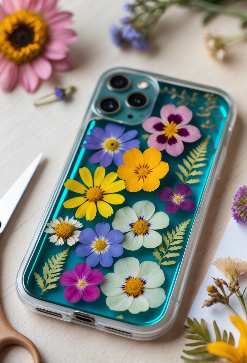 A smartphone case decorated with colorful pressed flowers placed on a wooden surface surrounded by crafting materials.