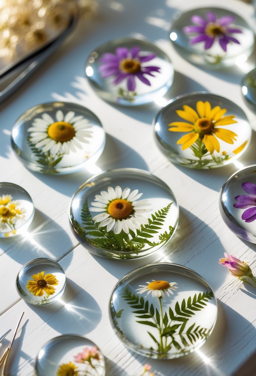 A collection of pressed flower resin paperweights displayed on a wooden surface with crafting tools nearby.