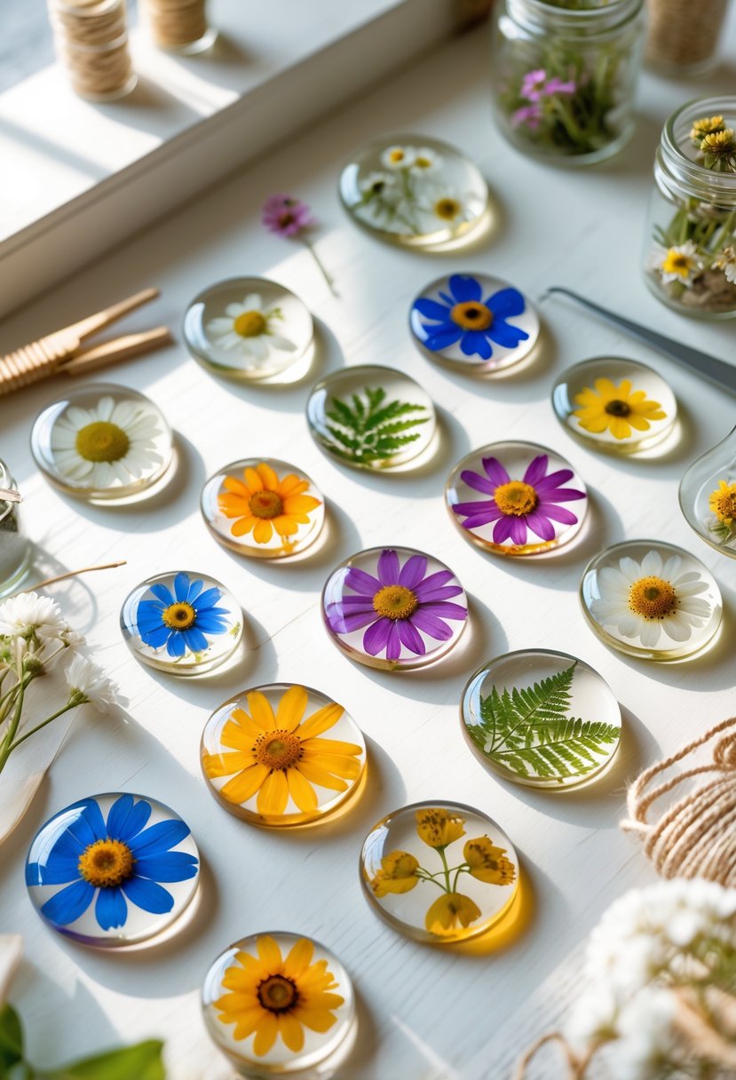 A collection of colorful pressed flower magnets arranged on a wooden surface with crafting materials nearby.