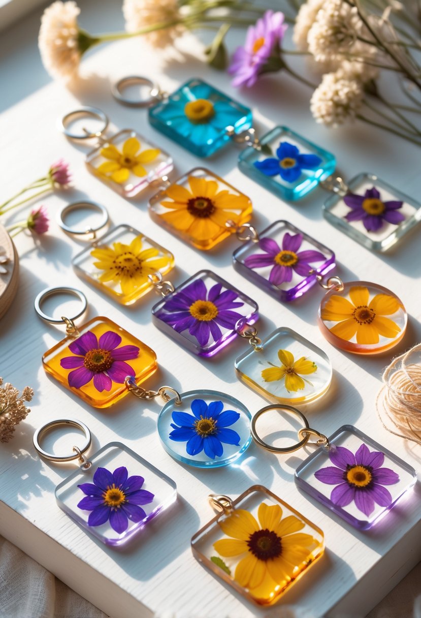 Fifteen pressed flower resin keychains arranged on a wooden surface with crafting materials around them.