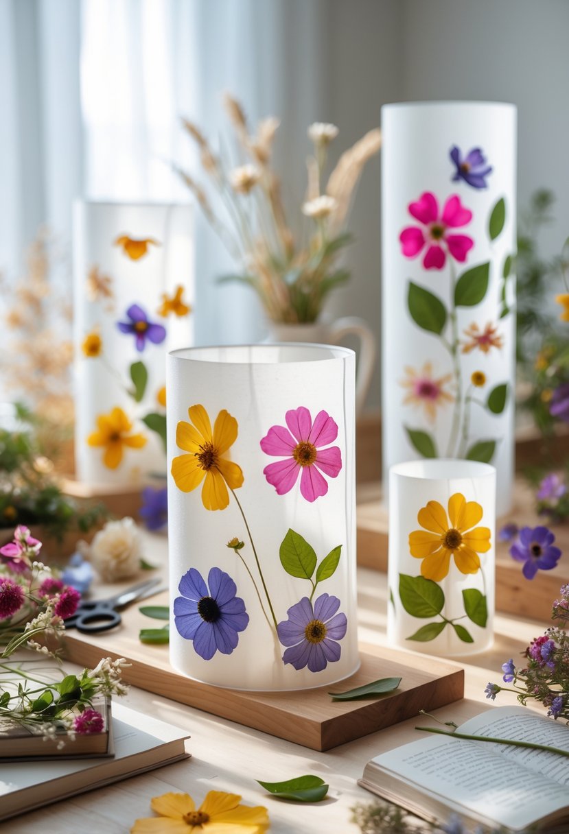 A collection of lampshades decorated with colorful pressed flowers arranged on a wooden table with crafting supplies nearby.