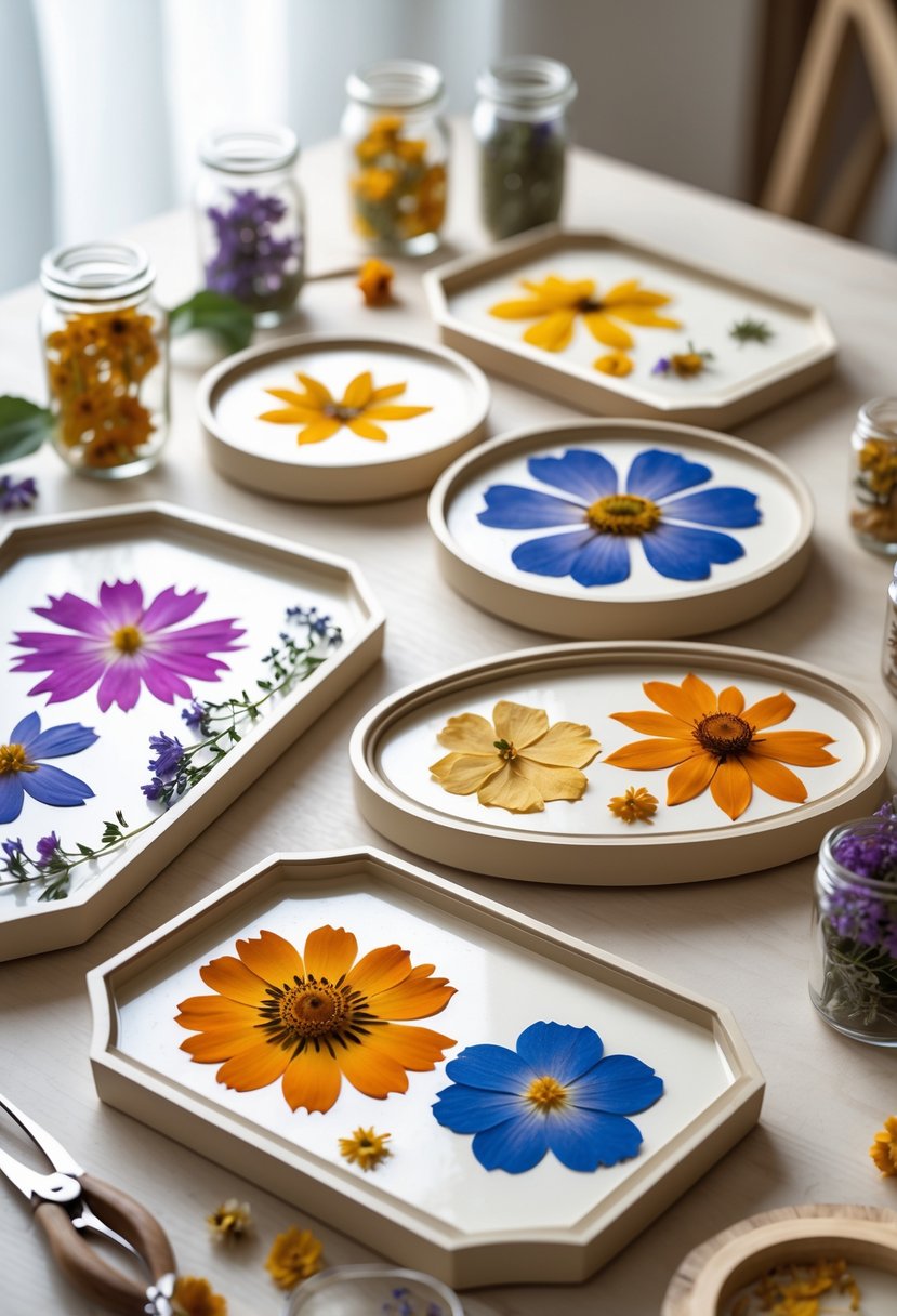 A collection of decorative trays decorated with colorful pressed flowers arranged on a wooden surface alongside craft tools and dried petals.
