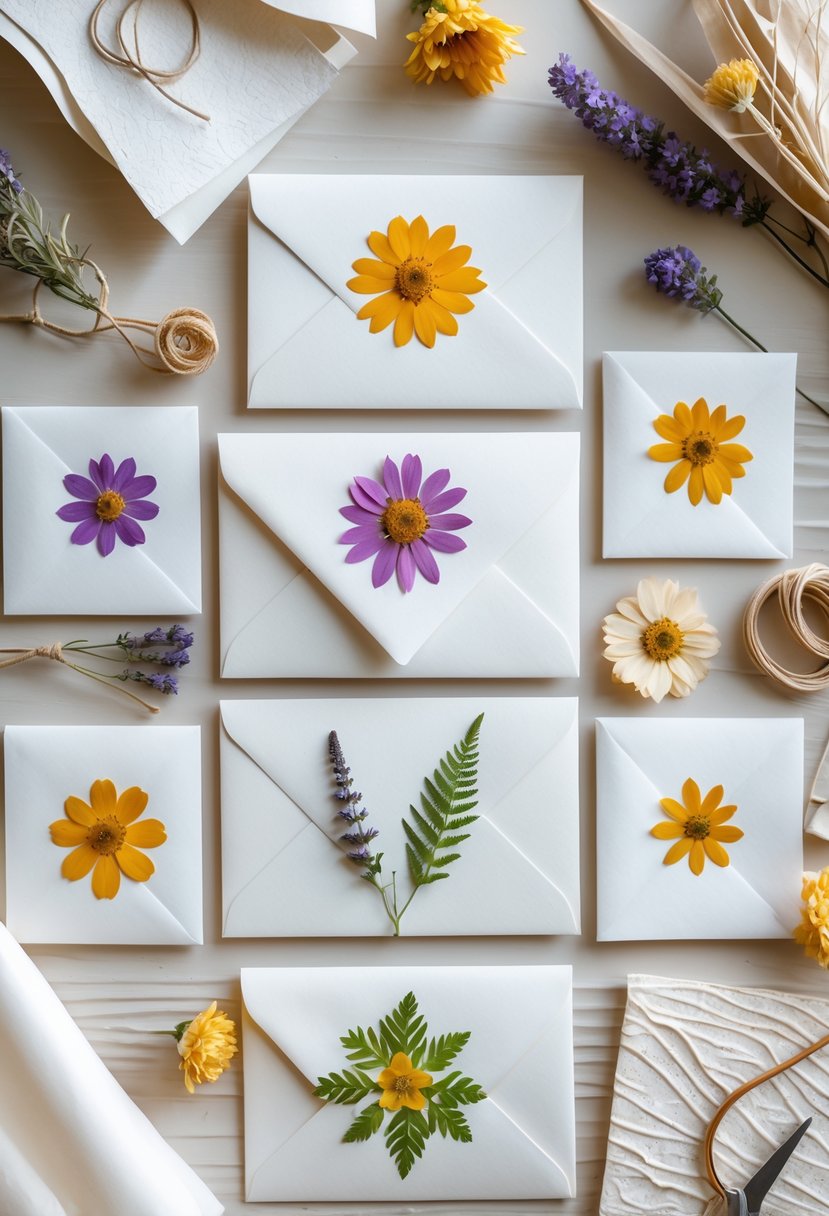 A collection of envelopes decorated with pressed flowers arranged on a wooden surface with crafting materials around them.