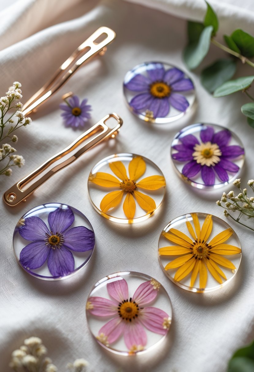 Close-up of various hair accessories made with pressed flowers embedded in clear resin, arranged on a soft fabric background.