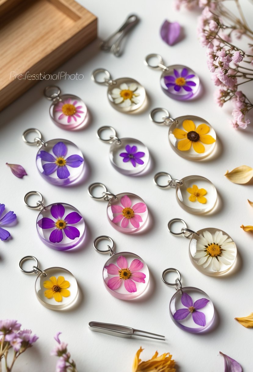A collection of colorful pressed flower resin charms arranged on a neutral surface with crafting tools and dried flower petals nearby.
