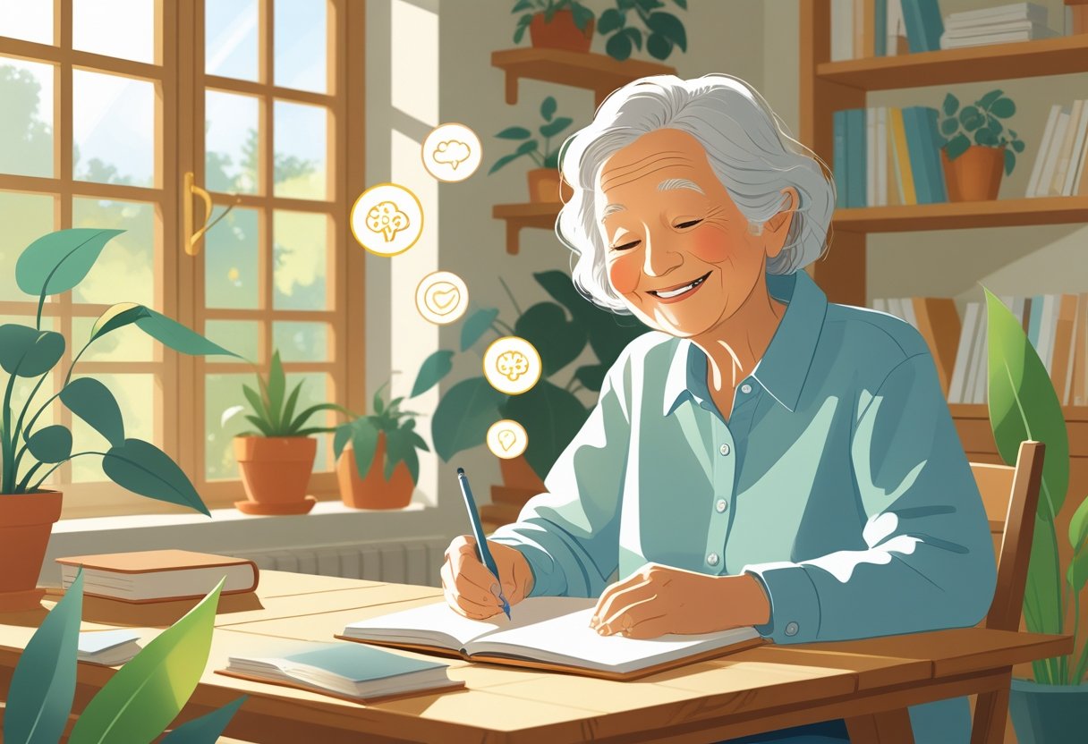 Idoso sentado à mesa escrevendo em um caderno em um ambiente iluminado e acolhedor.