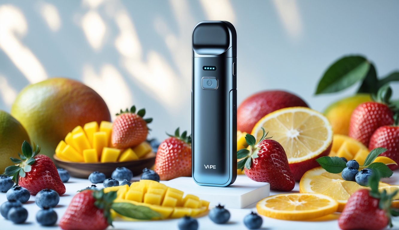 Perangkat vape elektrik modern dikelilingi beragam buah segar seperti stroberi, blueberry, mangga, dan irisan jeruk di atas permukaan putih.