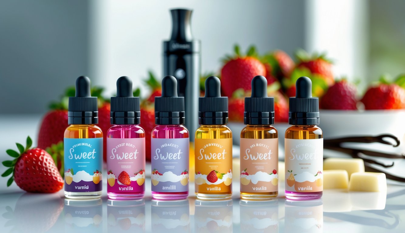 Beberapa botol liquid vape rasa manis untuk pemula diletakkan rapi di atas meja dengan latar belakang buah segar dan perangkat vape.