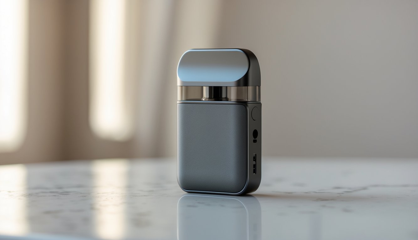 Sebuah vape pod berkualitas premium dengan desain modern diletakkan di atas permukaan bersih dan reflektif.