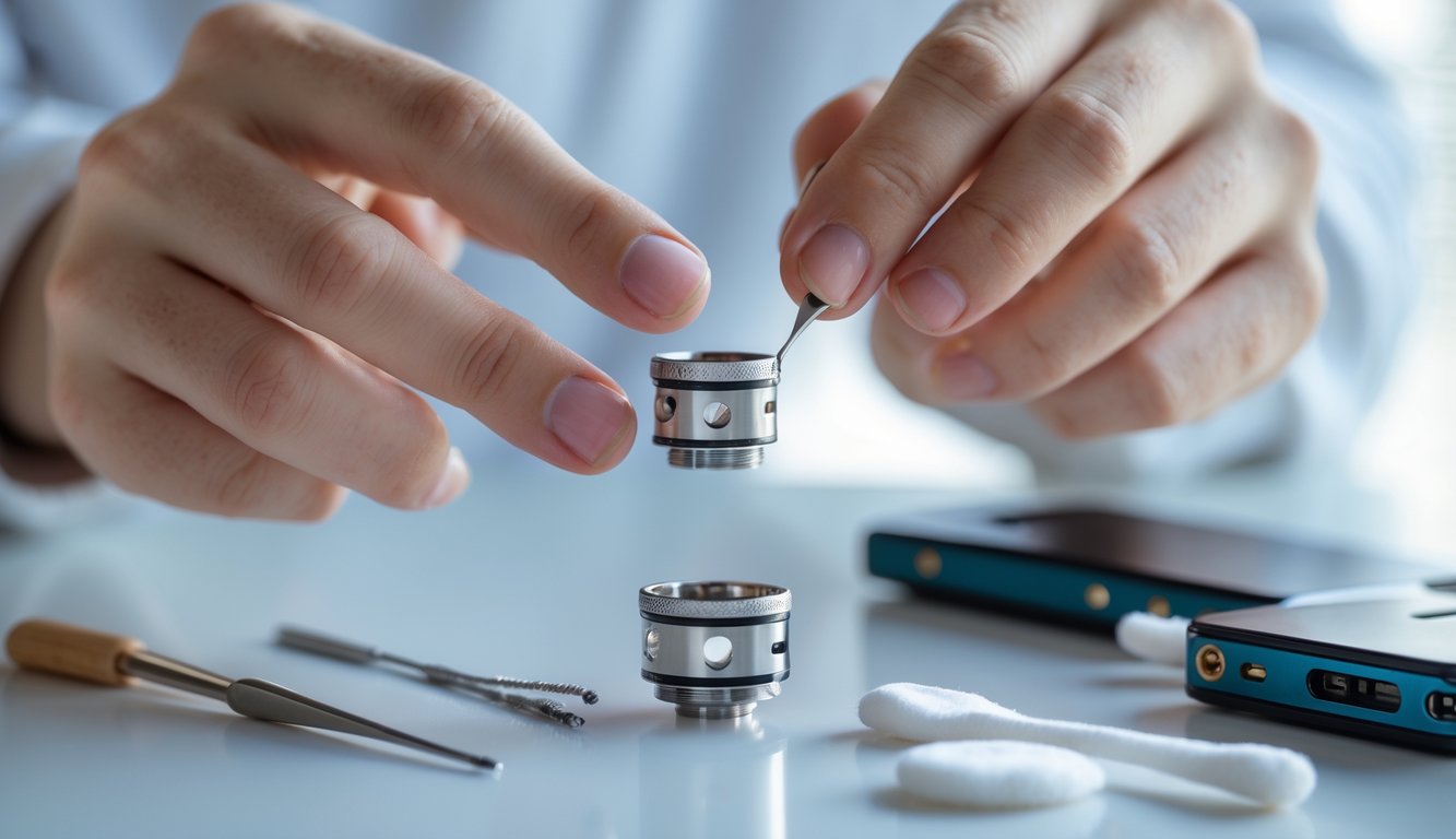 Tangan seseorang sedang membersihkan coil vape dengan alat-alat kecil di meja kerja yang rapi.