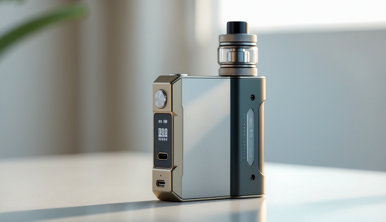 Foto perangkat vape mod modern dengan baterai tahan lama di atas permukaan bersih.