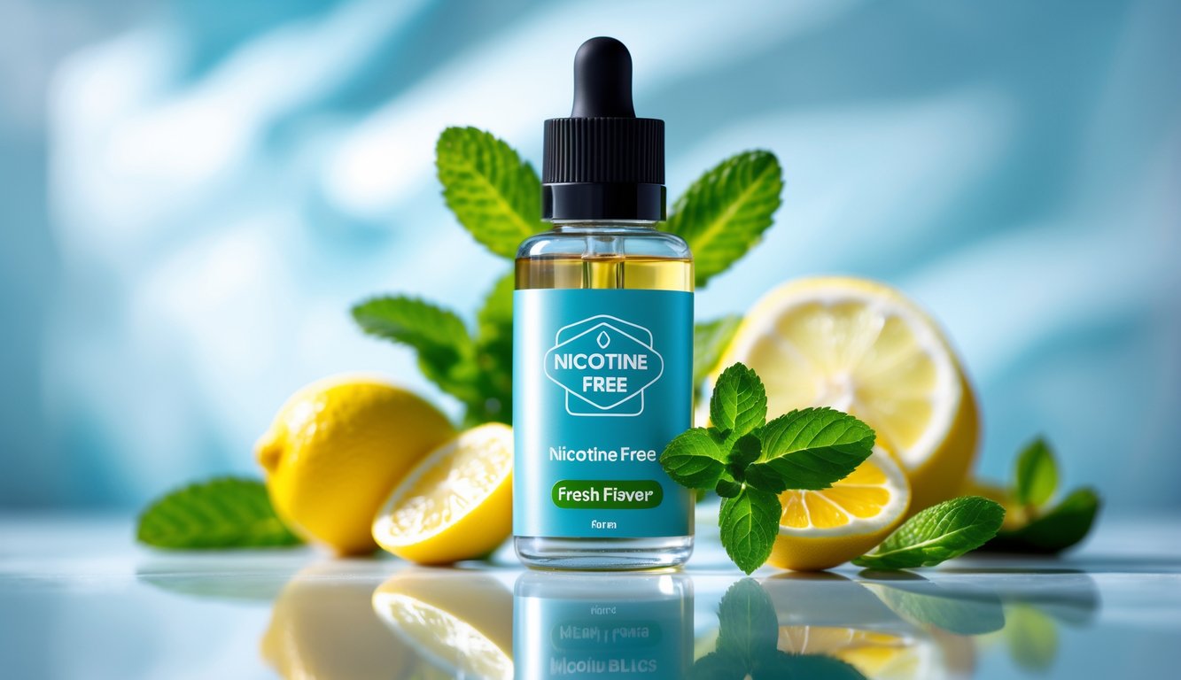Botol cairan vape tanpa nikotin dengan daun mint segar dan irisan buah sitrus di atas permukaan reflektif.