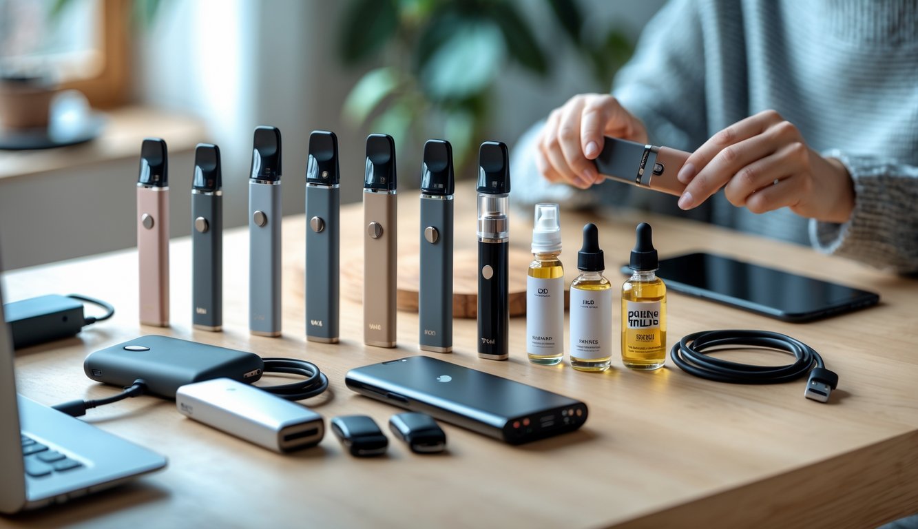 Meja dengan beberapa perangkat vape pemula yang rapi dan tangan seseorang sedang memilih salah satu perangkat vape.