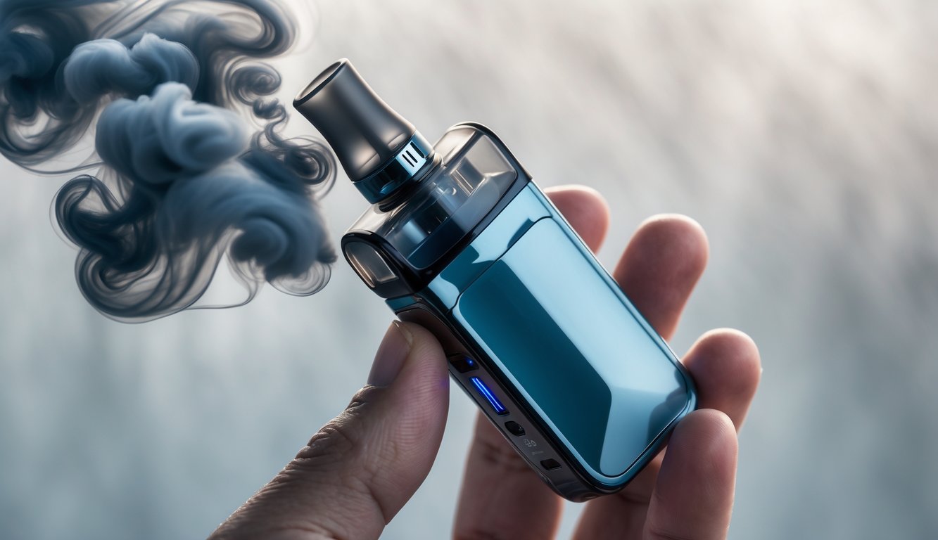 Sistem vape pod modern yang mengeluarkan asap tebal dari tangan seseorang dengan latar belakang netral.
