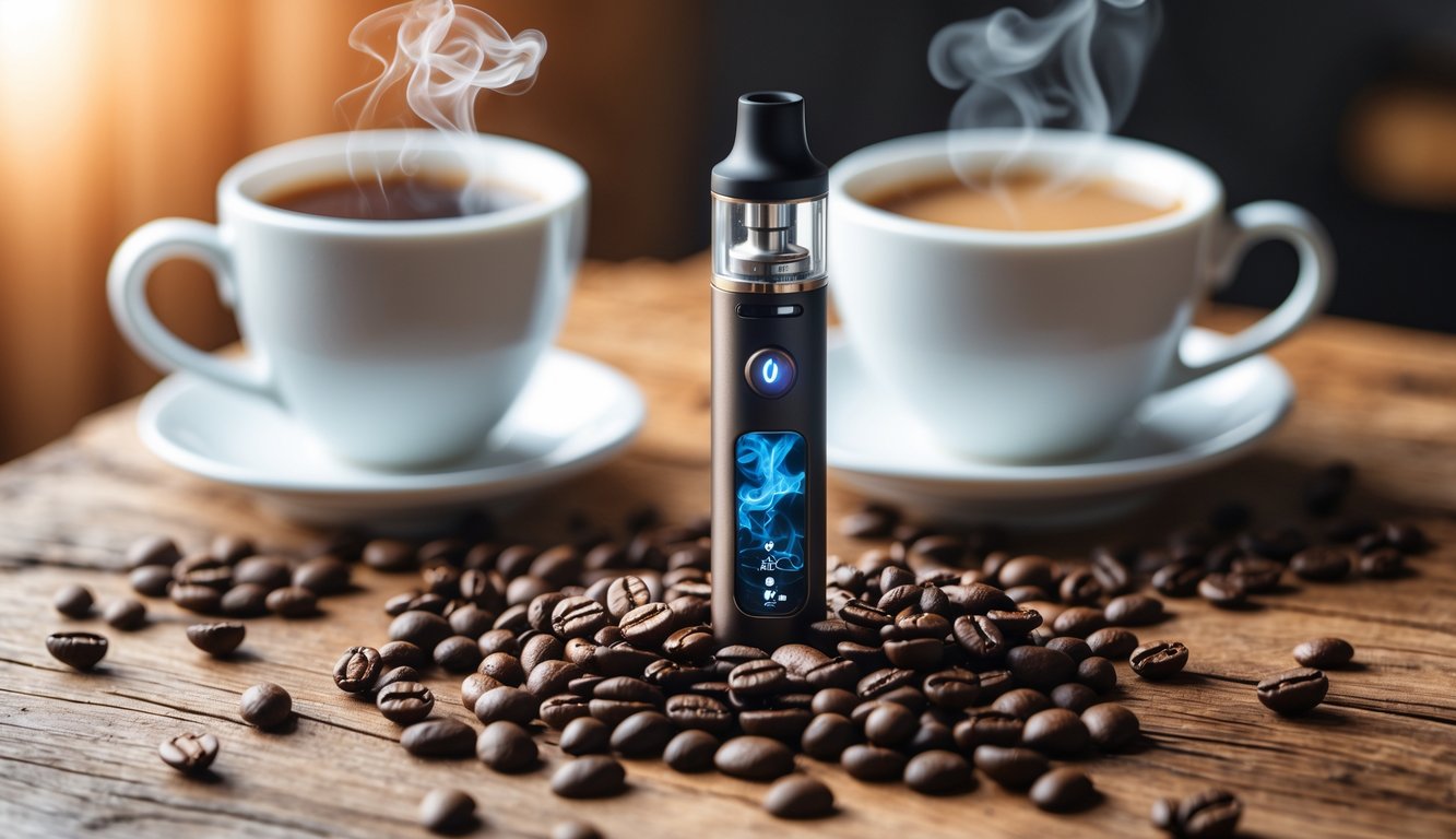 Sebuah perangkat vape di atas meja kayu dikelilingi biji kopi dan secangkir kopi yang mengepul.
