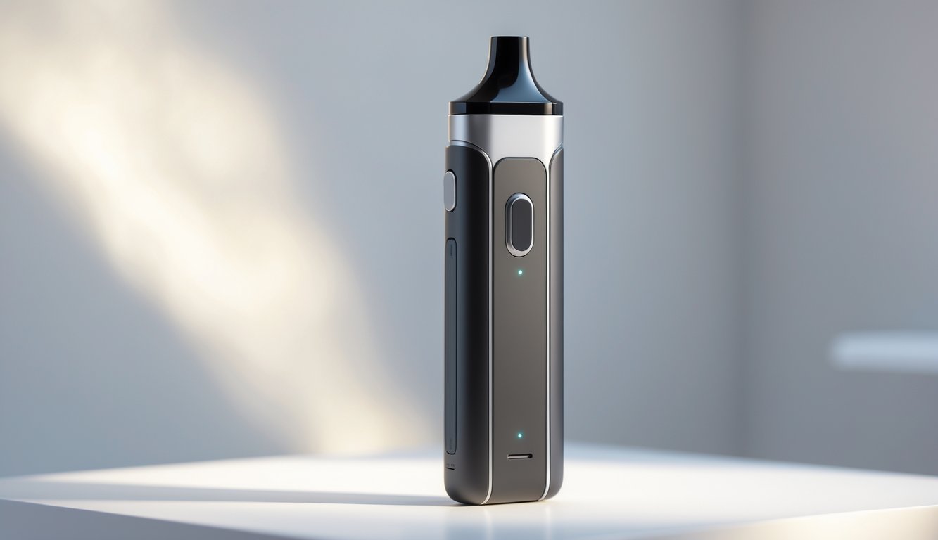 Alat vape portabel dengan desain elegan diletakkan di atas permukaan putih bersih.