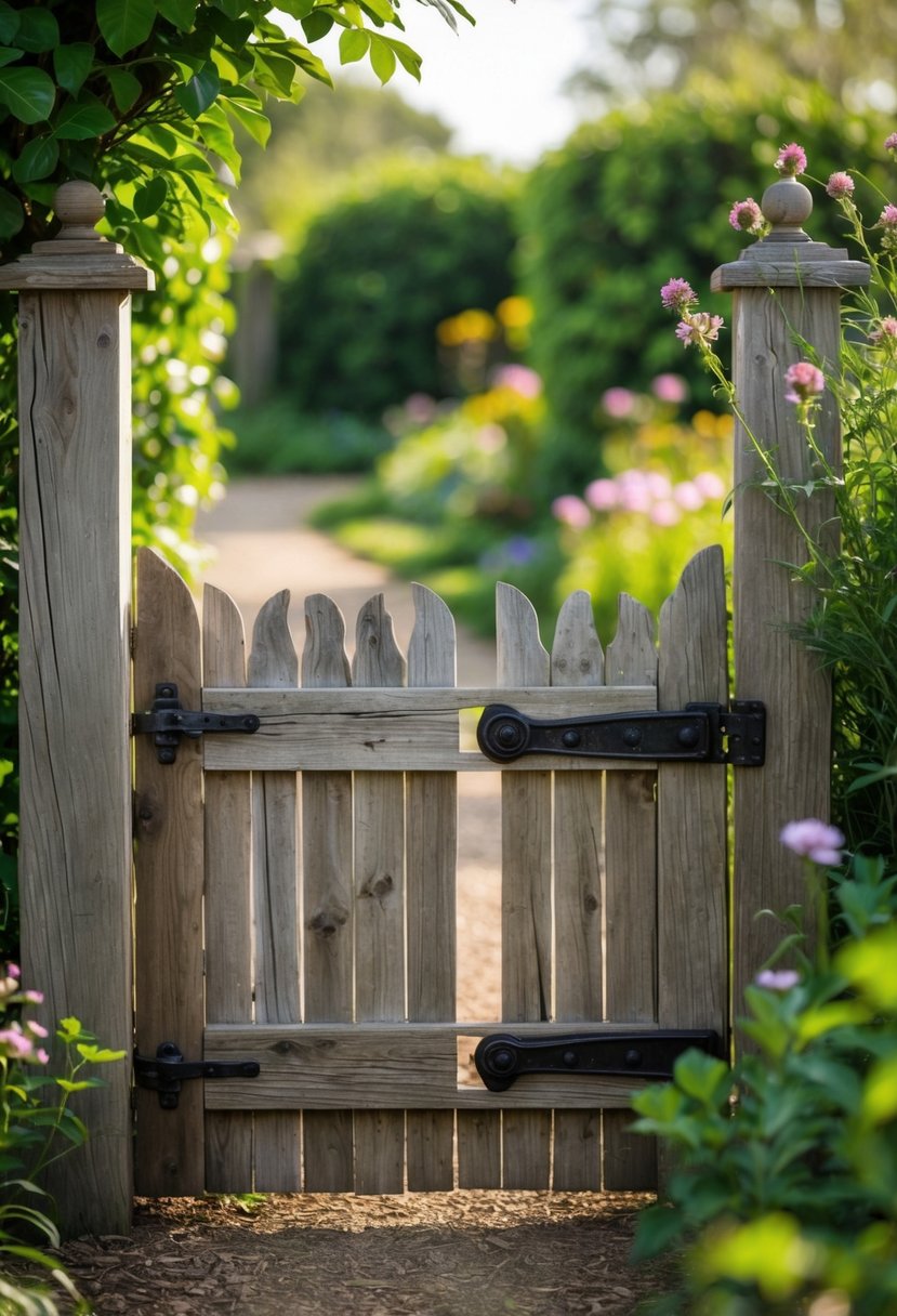 A wooden garden gate with an iron latch surrounded by green plants and flowers.