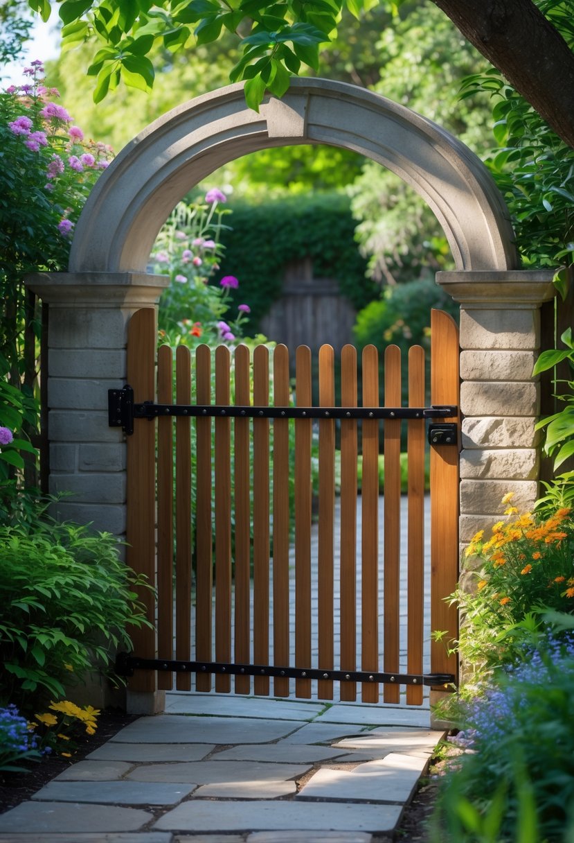 A wooden garden gate with an arched top and vertical slats surrounded by green plants and flowers.