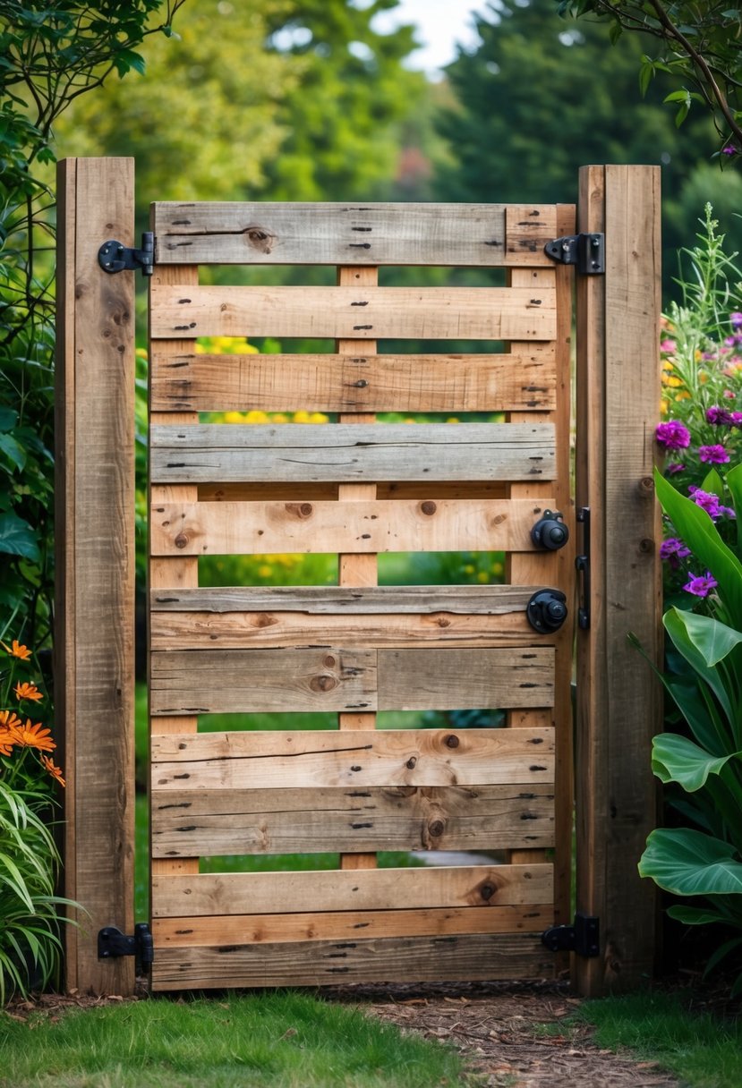 A reclaimed pallet wood garden gate with horizontal planks in a green garden with flowers and plants.