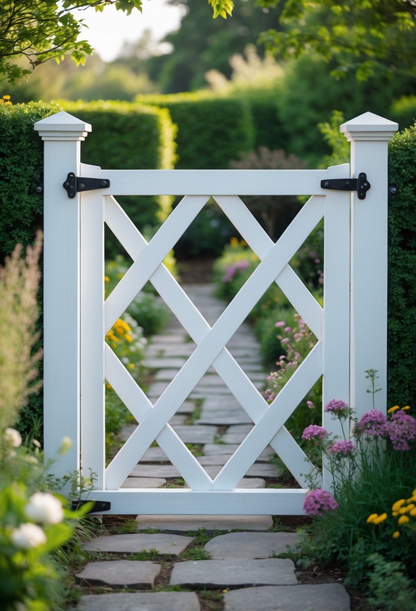 White wooden garden gate with cross braces surrounded by greenery and flowers in a garden setting.