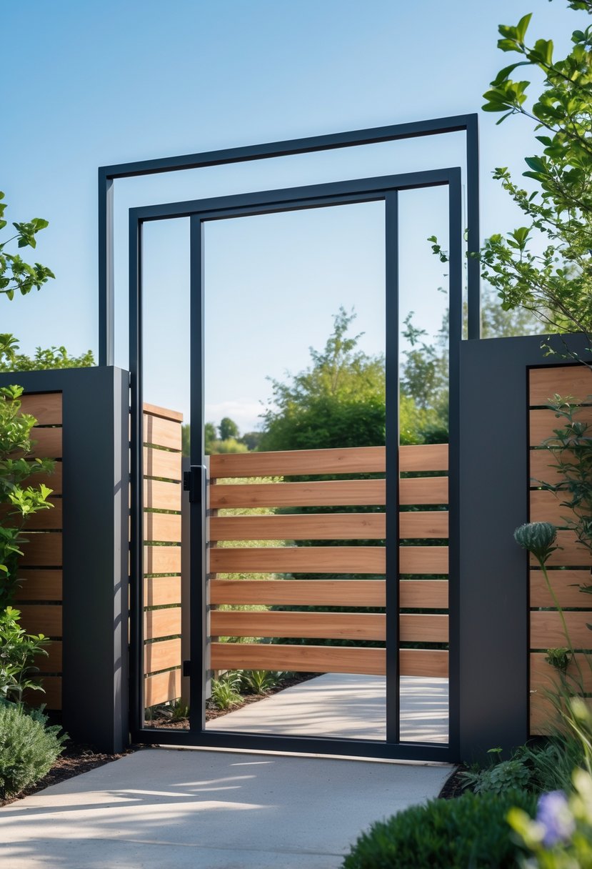 A modern garden gate with a black metal frame and wooden panels surrounded by greenery and garden plants.