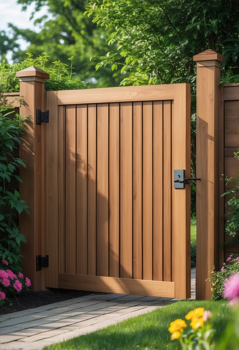 A closed solid wood garden gate surrounded by green plants and flowers in a garden.