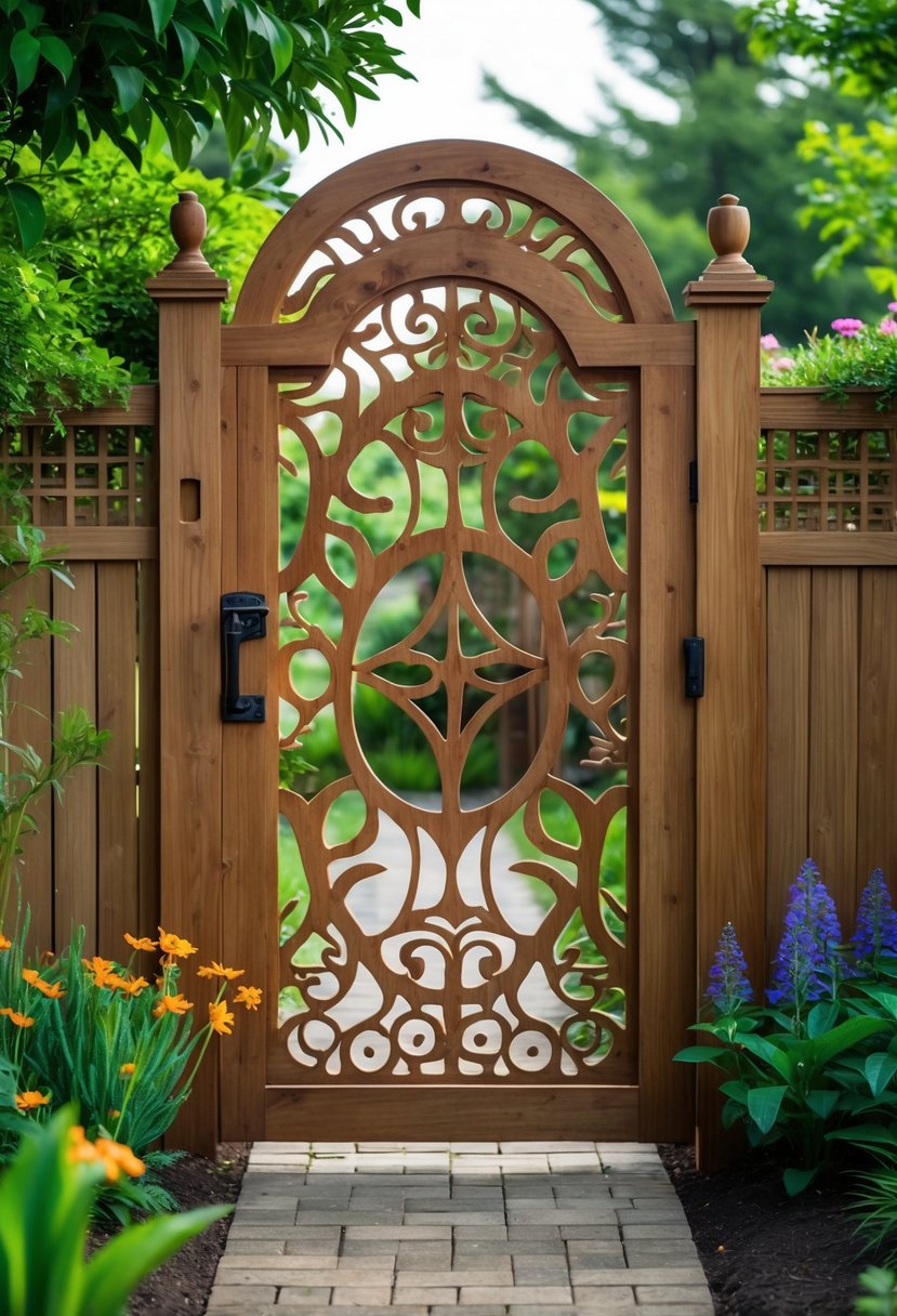 A wooden garden gate with decorative cutout designs surrounded by plants and flowers in a garden.