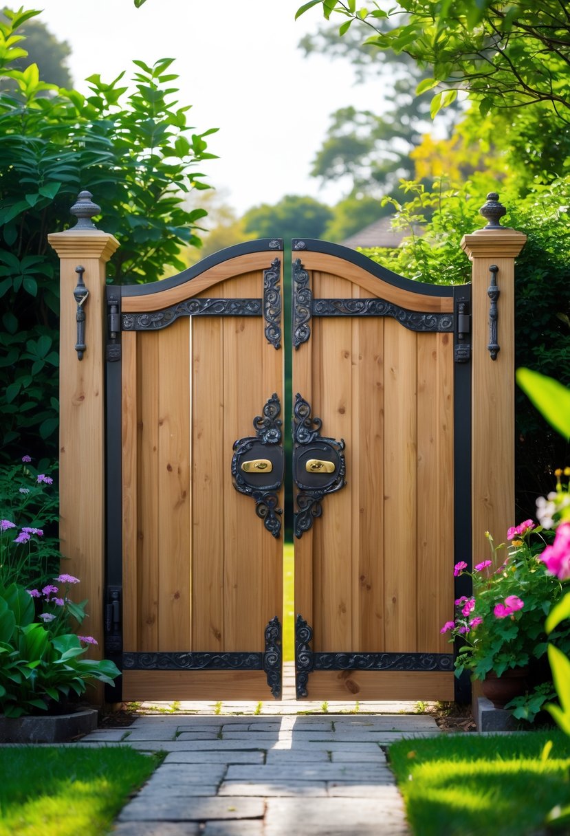 A wooden double swing garden gate with decorative metal hardware surrounded by green plants and flowers in a garden.