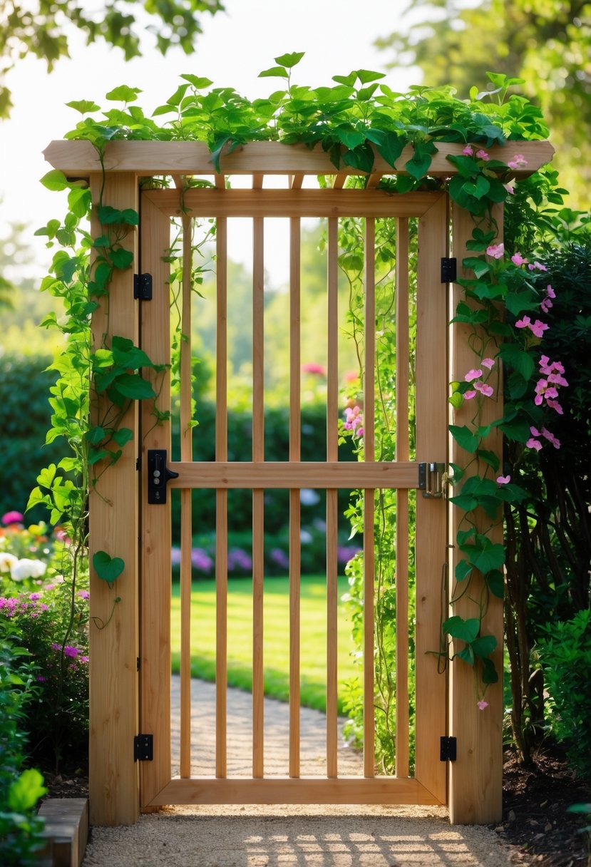 A wooden garden gate with a trellis covered in climbing plants and flowers, leading into a lush garden.