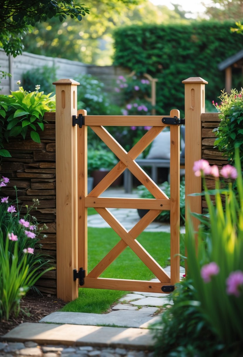 A wooden garden gate with an X-shaped design, surrounded by green grass and colorful flowers.