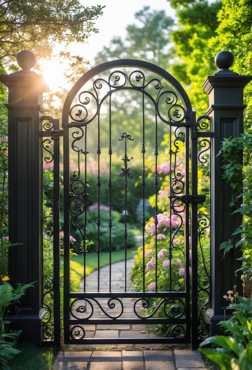 A garden gate with decorative wrought iron scrollwork surrounded by green plants and flowers.